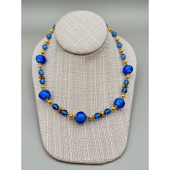Vintage Blue Marbled Glass and Gold Bead Necklace - Picture 1 of 10